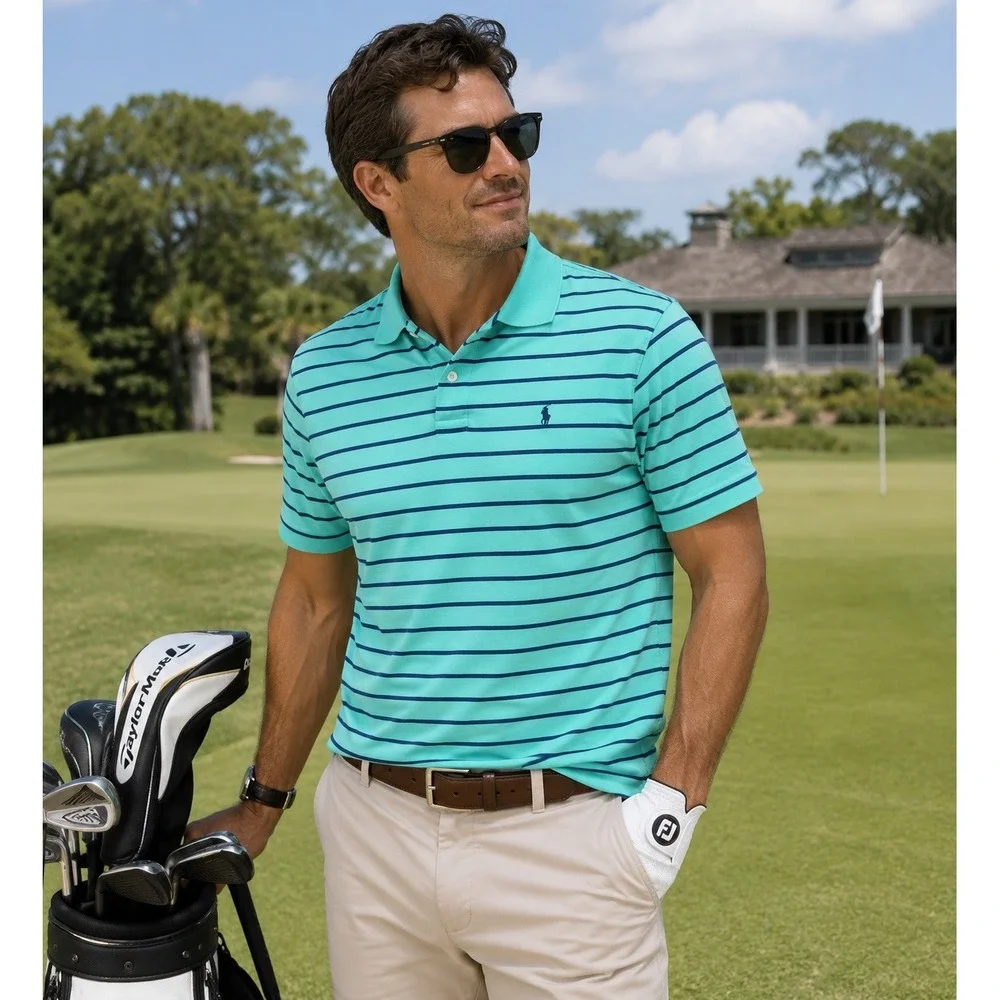 Polo Ralph Lauren Performance Polo Mens XL Teal Green Navy Blue Striped Golf